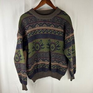 Romwe Geometric Knit Sweater Womens M Green‎ Brown Tribal Pattern Crewneck